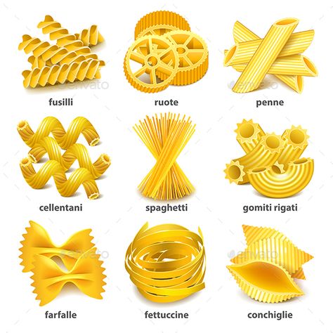 Pasta Types Icons Detailed Photo Realistic Vector Set Zip file includes: - eps10, editable vector- high-resolution jpg- layered r Resep Burger, Culinary Lessons, Types Of Pasta, Pasta Art, Pasta Varieties, Pasta Penne, Pasta Types, Pasta Casera, Dining Etiquette