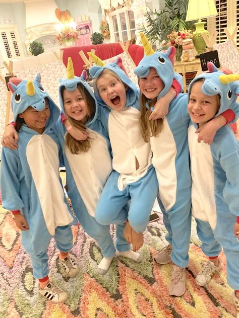 The Perfect Unicorn Birthday Slumber Party | Turtle Creek Lane Pijama Party Outfit, Unicorn Slumber Party, Sleepover Bday, Unicorn Sleepover, Birthday Slumber Party, Unicorn Onesie Pajamas, Turtle Creek Lane, Onesie Party, Pijama Party