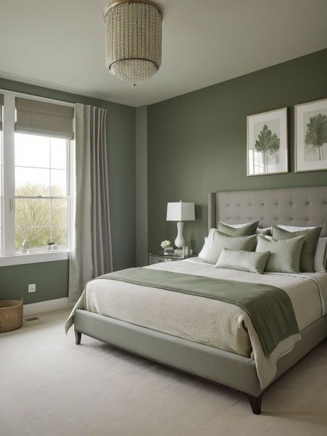 Green Bedroom Decor Ideas, Grey Green Bedrooms, Olive Bedroom, Olive Green Bedrooms, Green And White Bedroom, Sage Bedroom, Green Bedroom Walls, Green Bedroom Decor, Calm Space