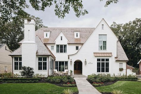 Tour this absolutely stunning and timeless white brick house in Illinois White Brick House, French Style Architecture, Cedar Shake Roof, Transitional Exterior, Shake Roof, Copper Gutters, Cedar Roof, Beautiful Home Designs, Exterior Remodel