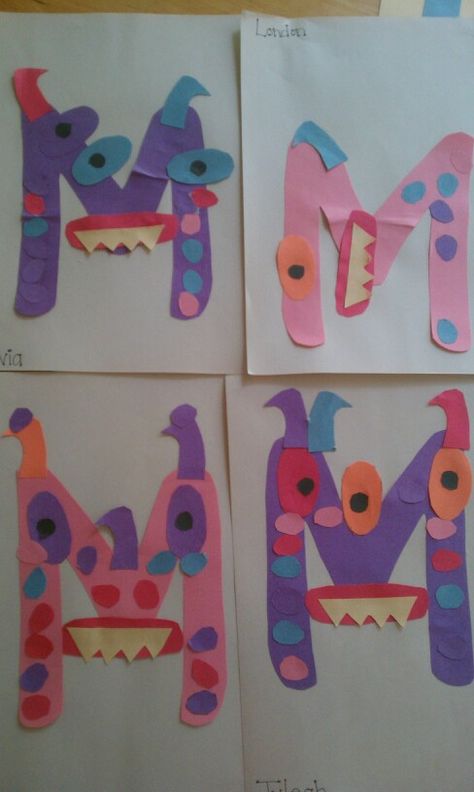 Letter M monsters :) #preschool #crafts #letter m Letter Mm Activities, Kindergarten Butterfly, Preschool Letter M, M Crafts, Letter M Crafts, Letter M Activities, Crafts Butterfly, Preschool Letter Crafts, Letter Book