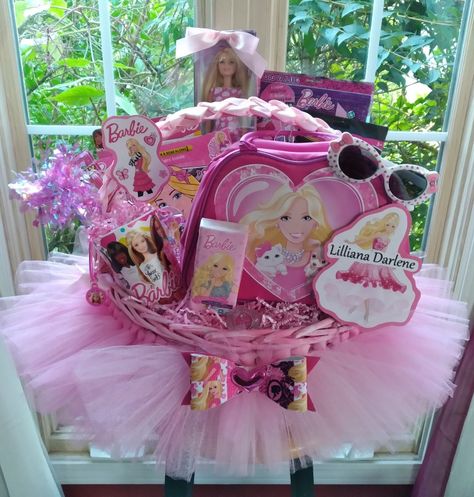 Barbie Theme Gift Hamper, Barbie Hampers, Barbie Easter Basket Ideas, Barbie Gift Basket, Barbie Basket, Barbie Easter Basket, Princess Gift Basket, Minnie Mouse Invitations, Unique Gift Baskets