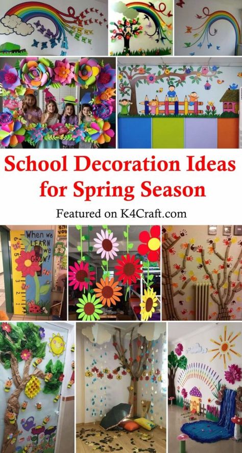 School Decoration Ideas for Spring Season - K4 Craft Spring Decoration Ideas For Classroom, Spring Mural Preschool, Spring Ceiling Decorations For Classroom, Classroom Spring Decor, Spring Decorations For Classroom, Spring Backdrop Ideas, Spring Decorations Kindergarten, Spring School Decorations, Kindergarten Decorations Wall