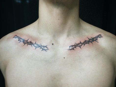 Collar Bone Tattoo Thorns, Collar Bone Tattoo Masculine, Collar Bone Thorn Tattoo, Masculine Collar Bone Tattoo, Thorns Chest Tattoo, Thorns Collarbone Tattoo, Thorn Chest Tattoo, Collar Tattoo Men, Thorn Collar Bone Tattoo