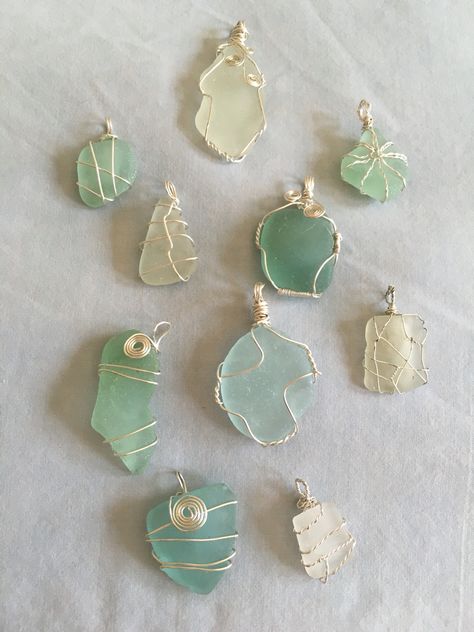 Sea Glass from Atlantic City NJ. Hand Crafted by Kathleen Fitzgerald 2016 Beach Glass Necklace Diy, Seaglass Rings Diy, Wrapping Sea Glass With Wire, Seaglass Necklace Diy Wire Wrapping, Sea Glass Wrapping, Sea Glass Wire Jewelry, Making Jewelry With Crystals, Wire Wrapped Sea Glass Pendant, Beach Diy Jewelry