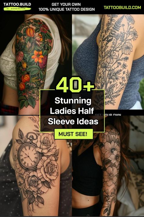 Stylish Womens Half Sleeve Tattoo Inspiration Gallery for Chic Ink Designs Woman Half Sleeve Tattoo Ideas, Botanical Half Sleeve Tattoo, Womens Half Sleeve Tattoo, Half Sleeve Tattoo Upper Arm, Female Sleeve Tattoo Ideas, Womens Half Sleeve, Half Sleeve Tattoo Ideas, Half Arm Sleeve Tattoo, Arm Cover Up Tattoos