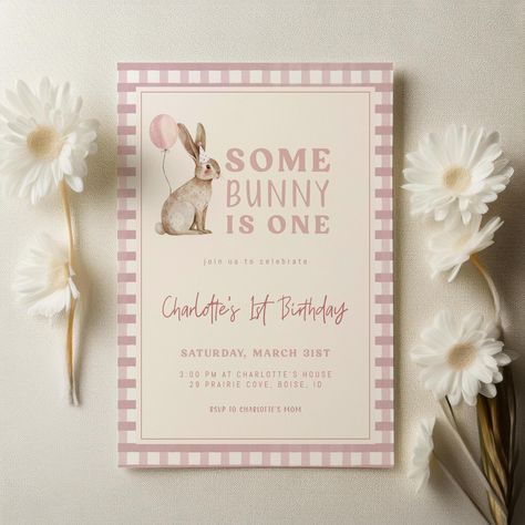 Some Bunny is One Birthday Invitation Template | Editable Girl 1st Birthday Pink Printable Invite | Bunny Rabbit First Birthday S732 Some Bunny Is One Birthday, Birthday Bunny, Some Bunny Is One, Pink Printable, Girl 1st Birthday, Bunny Party, Birthday Invitation Template, First Birthday Invitations, Whimsical Design