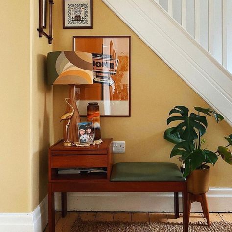 Light, airy, cheerful!! Farrow & Ball's Hay makes for a happy home.  It works beautifully with the midcentury modern furniture in this entry hall.  Sent via @planoly #planoly @patrickstreetinteriors @farrowandball # hay #paint #yellowroom #yellowpaint #luxurypaint #interiordesign #frederickmd, #getitdowntown #homeinspiration #marylanddesign Hallway Colour Schemes, Hallway Paint, Hallway Colours, Under The Stairs, Hal Decor, Hallway Designs, Farrow And Ball Paint, Mid Century Furniture, Farrow Ball