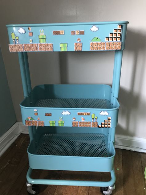 Nintendo Home Decor, Nintendo Switch Storage Ideas, Nintendo Game Room, Mario Brothers Room, Nintendo Bathroom, Nintendo Room Ideas, Mario Shelf, Mario Bedroom Ideas, Mario Game Room