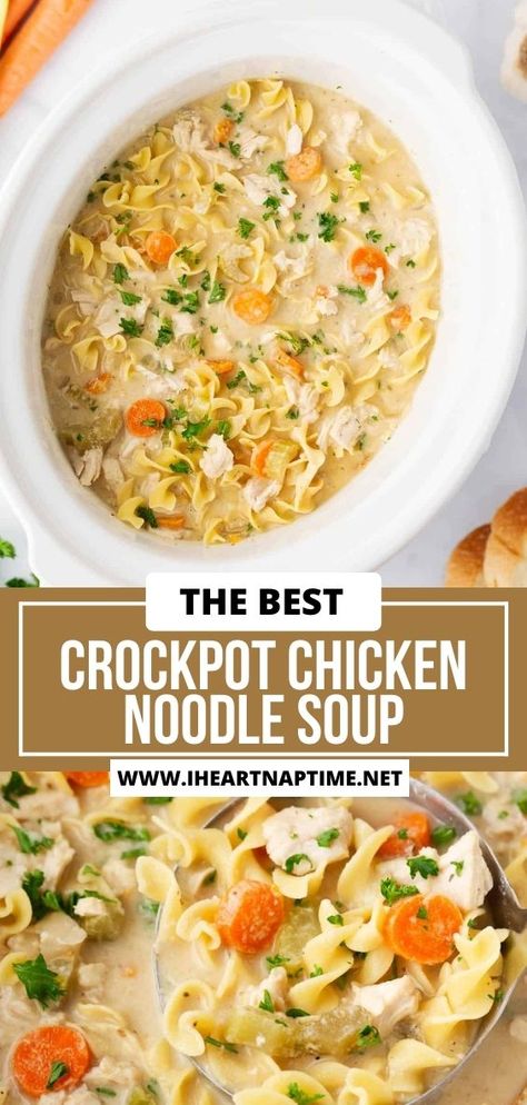 This crockpot chicken noodle soup is nourishing, flavorful and easy to make on a cold winter day. Nothing beats the taste of homemade chicken noodle soup! Homemade Chicken Noodle Soup Crockpot, Easy Crockpot Chicken Noodle Soup, Chicken Egg Noodle Soup, Crockpot Chicken Noodle Soup Recipes, Crockpot Chicken Noodle Soup, Best Crockpot Chicken, Chicken Soup Crockpot, Slow Cooker Chicken Noodle Soup, Best Chicken Noodle Soup