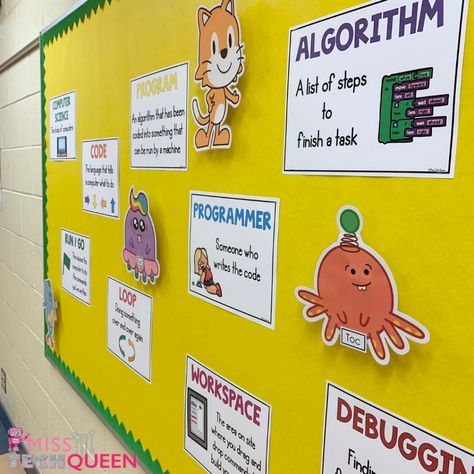 Help your students master coding related vocabulary and build a reference tool at the same time. Computer Science Anchor Charts, Computer Softboard Ideas, Computer Science Poster Ideas, Code Week Activities, Science Lab Bulletin Board Ideas, Computer Science Bulletin Board Ideas, Coding Bulletin Board, Computer Project Ideas, School Computer Lab Decor