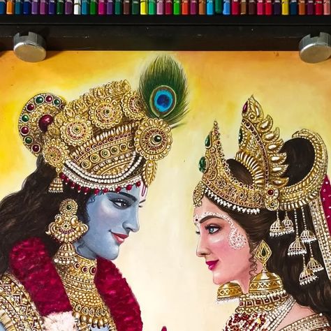 Krishna Ji Rangoli, Radha Krishna Art Beautiful, Radha Krishna Drawing, Radha Krishna Painting, Kalamkari Dresses, Cat Portrait Painting, Acrylic Painting Inspiration, Krishna Drawing, Rangoli Ideas