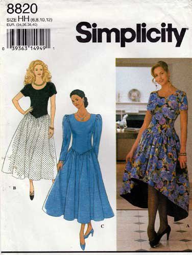 Women's Dress Sewing Pattern, Basque Waist, Misses Size 6, 8, 10, 12 UNCUT Simplicity 8820 Basque Waist Dress, Dress With Skirt, Evening Dress Patterns, Basque Waist, Calf Length Skirts, Simplicity Sewing, Women's Evening Dresses, Couture Vintage, Simplicity Sewing Patterns