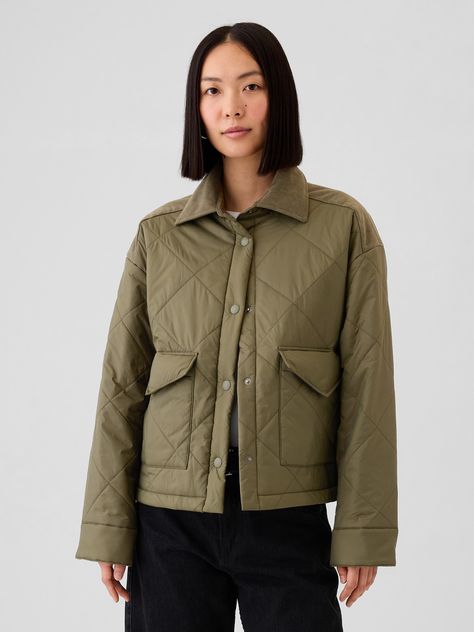 Relaxed, lightweight quilted field shirt jacket in recycled nylon.  Point corduroy collar, snap button front.  Long sleeves with snap button closure.  Front flap patch pockets.  Corduroy detailing at shoulders and back.  Polyfill lining.  This shirt jacket is made with 100% recycled nylon.  Compared to virgin materials, using recycled materials helps to reduce resource use and waste.  To view a copy of this product's label, copy the style number and search this database Law Label Lookup Fit: Relaxed.  A straight & easy fit.  For a Classic fit, go down one Liner Jacket, Olive Green Jacket, Curve Jeans, Pretty Clothes, Denim Coat Jacket, Loungewear Shorts, Field Jacket, Rugby Shirt, Fall Style