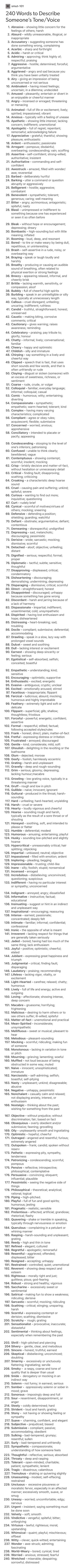 240 words to describe someone's tone/voice How To Describe Body In Writing, Vocabulary For Story Writing, Body Shape Description Writing, How To Be Descriptive In Writing, Body Type Descriptions, Describing Dresses Writing, Eyebrow Description Writing, Character Body Description, Types Of Walking Writing