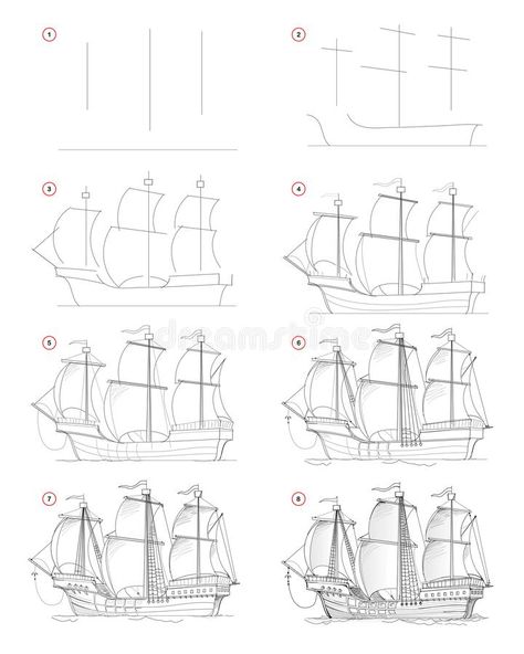 How to draw step by step sketch of fantastic medieval sail ship. Creation pencil drawing. Educational page for artists. Textbook for developing artistic skills stock illustration Draw A Pirate Ship, Pirate Ship Drawing, Ship Sketch, Step By Step Sketches, Sail Ship, Draw Step By Step, Boat Drawing, Easy Drawing Steps, How To Draw Steps