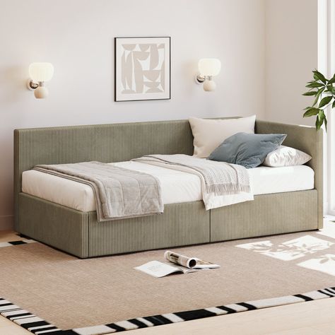 Latitude Run® Twin Size Corduroy L Shape Corner Bed with Two Storage Drawers | Wayfair L Shaped Twin Beds, Daybed Corner, Corner Bed, Daybed Room, Beds For Small Spaces, Daybed With Drawers, Daybed Design, Bed In Corner, Sage Green Bedroom