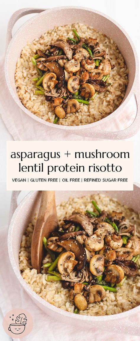 Comforting and nutritious Mushroom Asparagus Lentil Risotto that's secretly high in protein! This gut healthy, probiotic meal is not only cozy, but also nourishing and easy to make. Vegan, gluten free, oil free. #vegan #glutenfree #vegandinner #risotto #veganprotein #vegandinner #highprotein #guthealth #probiotic #dairyfree #highproteinmeals #oilfree #refinedsugarfree #wfpb #healthymeals High Protein Gluten Free Vegan Meals, Vegan Recipes Soy Free, High Protein Vegan Risotto, Gluten Free Oil Free Vegan Recipes, Lean Vegan Meals, Sos Free Vegan, High Protein Soy Free Vegan Meals, Gluten Free Lentil Recipes, Probiotic Dinner Recipes