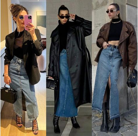 Long Denim Coat Street Style, Denim Long Coat Outfit, Long Denim Cargo Skirt Outfit, Juxtaposition Outfits, Demin Outfit, Gonna Jeans, Cargo Skirt Outfit, Winter Palette, Look Jean