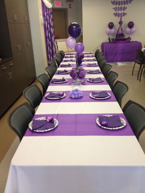 Purple table decorations Purple Table Cloth Ideas, Purple And Gray Party Decorations, Simple Purple Table Decorations, Purple Birthday Party Table Decorations, Purple And White Table Setting, Purple Place Settings, Purple Table Settings Birthday, Purple Party Table Decorations, Purple Dinner Party Decor