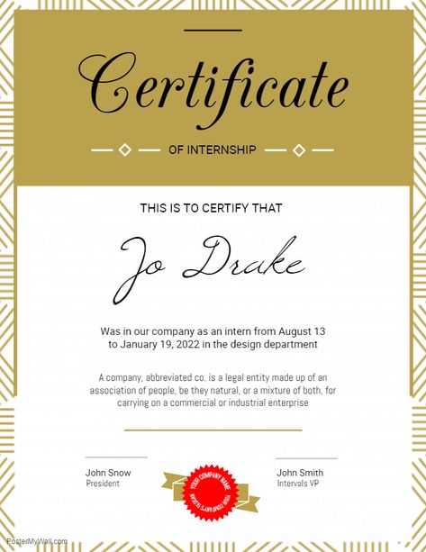 Printable Certificate of internship template - gold Internship Certificate, Kappa Alpha Order, Graduation Diploma, Printable Certificates, Certificate Design, Design Department, Certificate Templates, Business Template, College Students