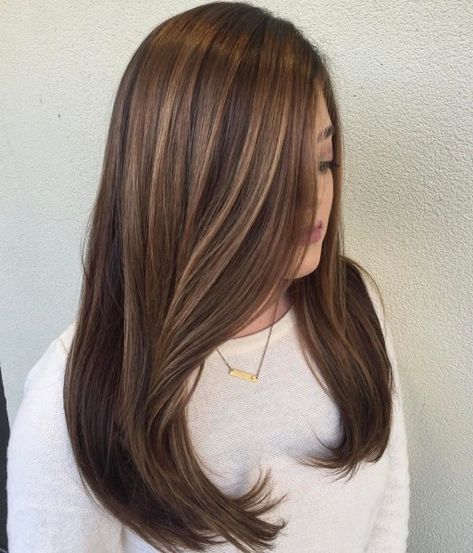 Straight Dark Hair with Caramel Highlights Caramel Highlights Hair, Caramel Highlights On Dark Hair, Caramel Hair Highlights, Straight Hair Highlights, Color Melting Hair, Highlights Red, Balayage Straight Hair, Highlights For Dark Brown Hair, Brown Straight Hair