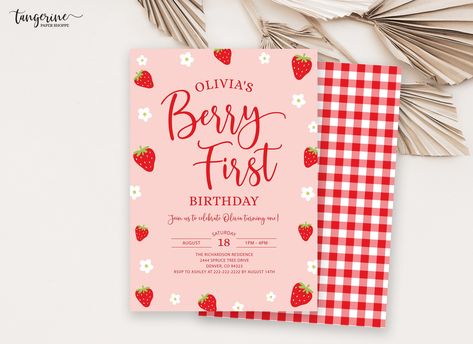 Strawberry Birthday, Printable Party Decorations, Strawberry Party, House Shop, Birthday Party Invite, Color Printer, Gingham Pattern, Red Strawberry, Summer Birthday