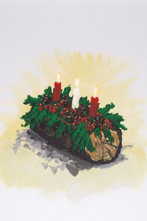 The Yule log is a winter tradition in regions of Europe. This yule log painting was created with acrylic on Readi-Board foam board. Yule Drawings, Yule Watercolor, Yule Artwork, Yule Painting, Yule Illustration, Yule Aesthetic, Yule Art, Log Drawing, Log Painting