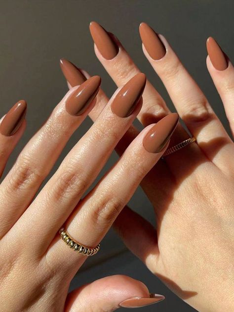 Brown Nails Press On, Autumn Style Nails, Autumnal Acrylic Nails, Chocolate Brown Nails Acrylic Almond, Autumn Nails One Color, Autumn Nails Plain, Brown Nails Plain, Brick Color Nails, Winter Inspo Nails