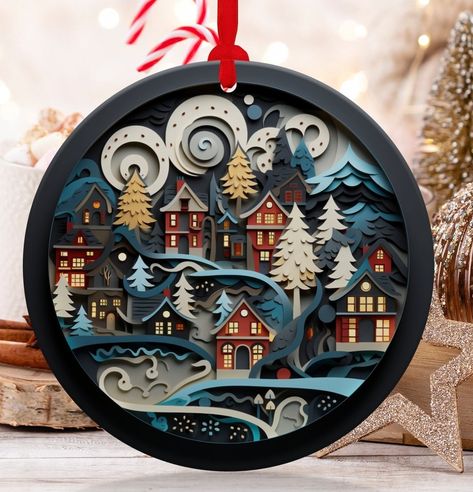 Experience the cozy allure of our Scandinavian Holiday Town Metal Christmas Tree Ornament. On a durable white aluminum base, it presents a 3D depiction of a quaint Nordic town, capturing the essence of Scandinavian winter celebrations. With a glossy finish and intricate design, this ornament adds a touch of Nordic charm to any festive setting. Each ornament comes with a red ribbon for hanging. A perfect piece for lovers of Scandinavian decor or those looking to bring a hint of the North to their holiday celebrations. Size: 3.5 in Thickness: 0.03 Nordic Ornaments, Swedish Christmas Decorations, Scandinavian Ornaments, Sweden Christmas, Scandinavian Holiday, Scandinavian Christmas Ornaments, Scandinavian Holidays, Horse Christmas Ornament, Hygge Christmas