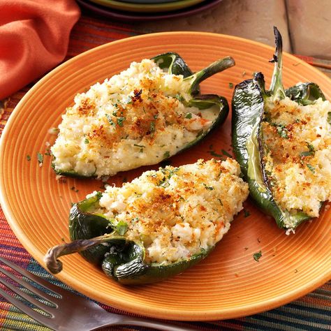 Shrimp-Stuffed Poblano Peppers Recipe -I created this dish for my mother when she moved back to our hometown. Since she really enjoys shrimp and slightly spicy food, I decided to create a shrimp-stuffed poblanos to surprise her. She was delighted.—Tina Garcia-Ortiz, Tampa, Florida Stuffed Poblanos, Poblano Peppers Recipes, Chile Poblano, Poblano Peppers, Shrimp Dishes, Stuffed Poblano Peppers, Queso Fresco, Peppers Recipes, Mexican Dishes