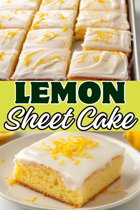 This easy lemon sheet cake features a buttery, citrus-packed sponge and sweet, tangy lemon glaze. Bring it to your next potluck, and watch it disappear. Easy Lemon Cake Mix Recipes, Lemon Cake Ideas, Easy Sheet Cake Recipes, Yellow Sheet Cake Recipe, Lemon Sheet Cake Recipe, Lemon Cake From Scratch, Lemon Sheet Cake, Sheet Cake Ideas, Lemon Cake Bars