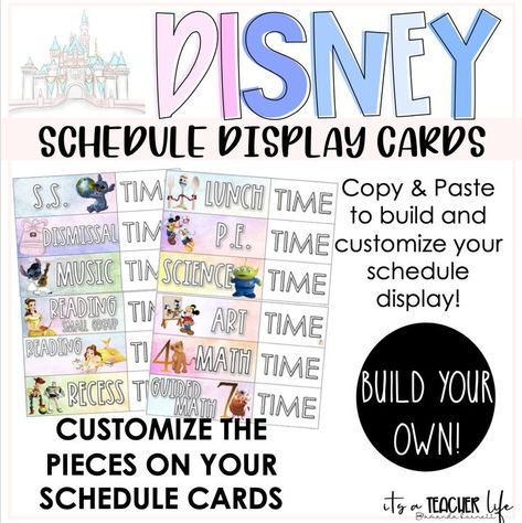 Schedule Cards, Schedule Display, Disney Schedule, Classroom Schedule Disney Pastel Classroom, Disney Kindergarten Classroom, Disney Classroom Theme Middle School, Disneyland Classroom, Disney Classroom Ideas, Classroom Schedule Display, Disney Classroom Theme, Disney Back To School, Disney Schedule