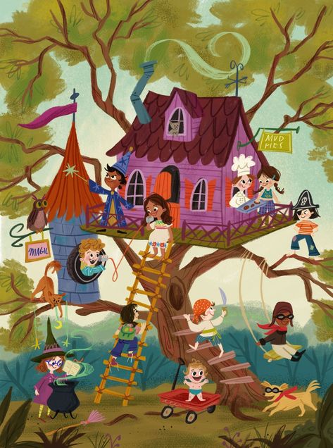 Treehouse — Kaly Quarles Illustration + Art Treehouse Illustration, Kidlit Art, Tree House Drawing, House Concept, Story Books Illustrations, Cartoon Trees, Tree House Kids, Illustration Art Kids, Storybook Art