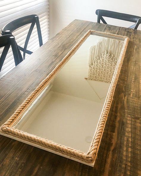 Rope Mirror Rectangle, Boho Rectangle Mirror, Hemp Rope Mirror, How To Make Mirror Frame, Simple Mirror Design, Diy Boho Mirror Rectangle, Diy Boho Mirror Ideas, Macrame Mirror Frame, Jute Mirror