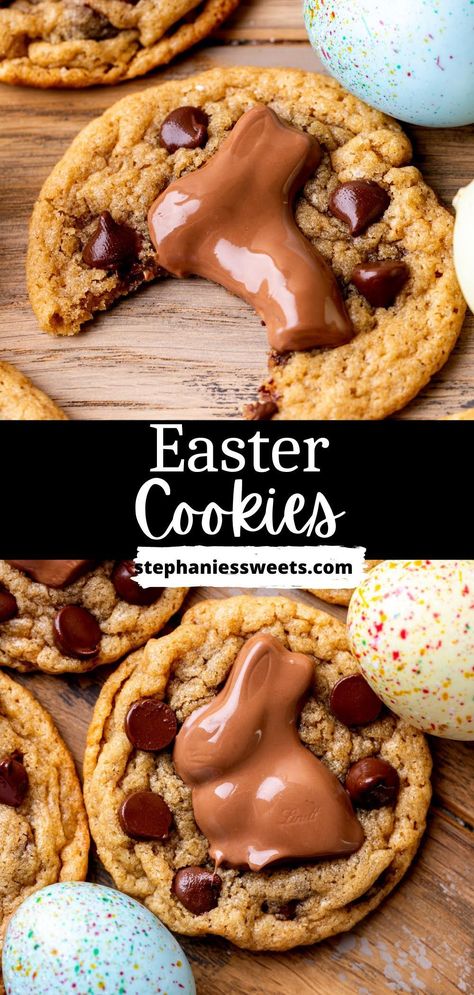 These Easter cookies are the perfect easy treat for Easter. They are chocolate chip cookies topped with a chocolate bunny. They have crisp edges and a chewy center. Easter Sunday Recipes, Easy Easter Cookies, Easter Cookie Recipes, Easy To Make Cookies, Easter Egg Cookies, Blueberry Cookies, Easy Treat, Sweet Treats Recipes, Carrot Cake Recipe