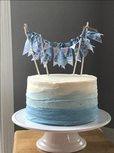 Simple boy baby shower cake with blue ombré and double ribbon banner. Baby Shower Kuchen, Gateau Baby Shower Garcon, Simple Baby Shower Cake, Baby Shower Sheet Cakes, Baby Shower Cupcakes For Boy, Baby Shower Cake Designs, Gateau Baby Shower, Cupcakes For Boys, Baby Shower Cakes For Boys