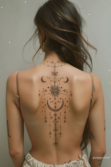 Celestial Tattoo Ideas: Unlock the Cosmic Artistry in Your Ink - Puqqu Astrological Back Tattoo, Mandala Spine Tattoos For Women, Mandala Tattoo Back Women, Celestial Tattoos For Women, Mandala Back Tattoo Women, Spiritual Spine Tattoos, Back Henna Designs Spine, Celestial Henna, Ornamental Moon Tattoo