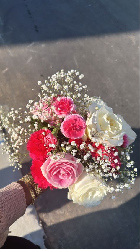 Pink And White Flower Bouquet Prom, Prettiest Bouquet Of Flowers, Hoco Pink Bouquet, Light Pink Flower Bouquet Prom, Small Blue Flower Bouquet, Hot Pink Hoco Bouquet, Pink Bouquets Of Flowers, Hoco Mini Bouquet, Homecoming Bouquet Ideas Pink