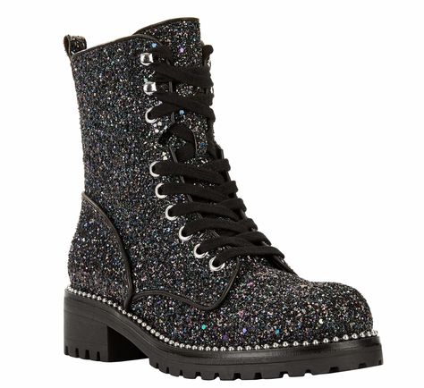 Sparkly combat boots, because you can't wait until New Year's Eve to get decked out in glitter. Of The Best Ankle Boots You Can Get At Walmart Sparkly Combat Boots, Leather Combat Boots Women, Black Glitter Boots, Glitter Combat Boots, Gothic Hoodies, Best Ankle Boots, Black Buckle Boots, Women's Lace Up Boots, Lace Up Boots Women