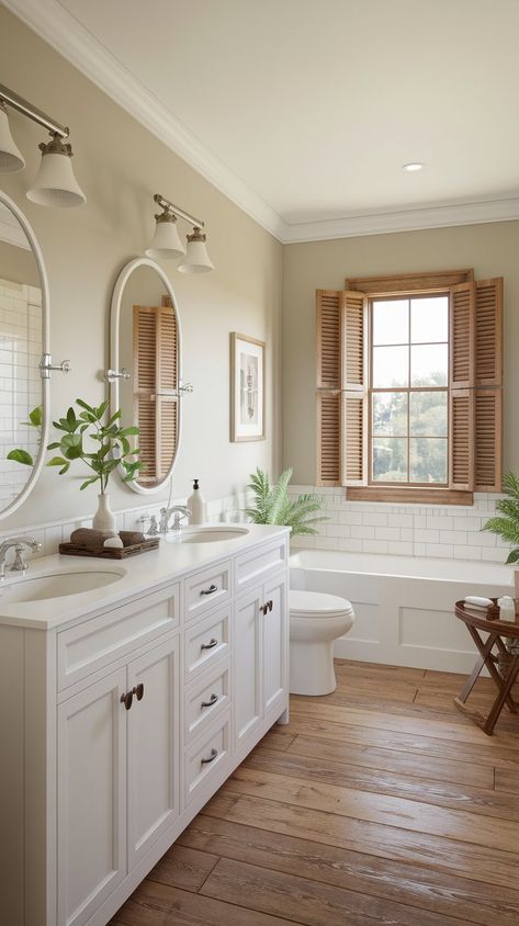 Discover 10 charming small farmhouse bathroom ideas that will help you create a cozy, rustic retreat in your home, even with limited space. Traditional Farmhouse Bathroom Ideas, Small Bathroom Ideas Wood Floor, Bathrooms With Wooden Floors, White Bathrooms With Wood Floors, Cottage Wood Floors, Bathroom With Wood Flooring, Aesthetic Master Bath, Timeless Farmhouse Bathroom, Small Bathroom Wood Floor