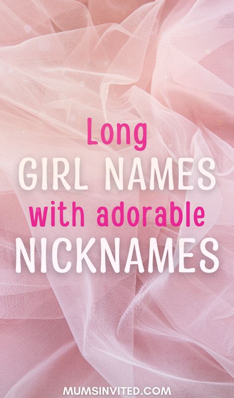 Explore our list of Long baby girl names complete with cute nicknames. This unique compilation is perfect for parents seeking pretty girl names that carry an adorable shortened version. Or for those looking for long girl names that have sweet nicknames. You'll also find unique girl names with boyish nicknames on this list. long girl names with nicknames. cute girl names with nicknames. girl names and nicknames. pretty girl names with nicknames. girl names with boyish nicknames Girl Names With Nicknames List, Cute Girl Names With Nicknames, Names With Nicknames Girl, Long Girl Names With Nicknames, Girls Names With Nicknames, Long Names With Nicknames, Pretty Nicknames, Baby Names With Nicknames, Nicknames For Baby Girls