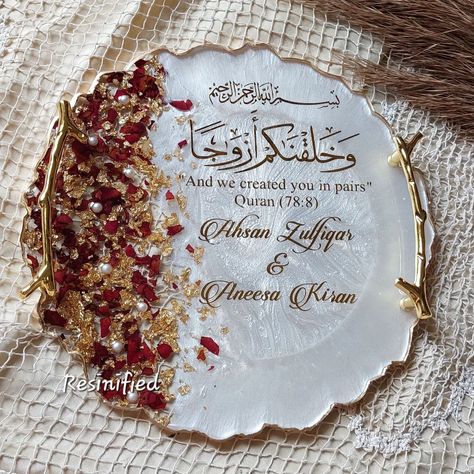 Nikkah tray with pearls and rose petals detailing! . Dimensions 10" . . Dm to order! . . . #resin #resinart #resinartwork #resinartist #resincraft #resinpour #resinmolds #resinaepoxi #pearls #resintray #resinnikahtray #resinplate #resinplaque #nikah #wedding #weddinggift #luxuryart #dubai #resinartpakistan #resinartkingdom #resinartideas #rosepetals #abstractart #smallbusiness #handmade #epoxyresin #resinified #pakistan Nikkah Tray, Nikah Wedding, Resin Pour, Resin Tray, Resin Artwork, Diy Resin Art, Luxury Art, Diy Clay Crafts, Diy Resin