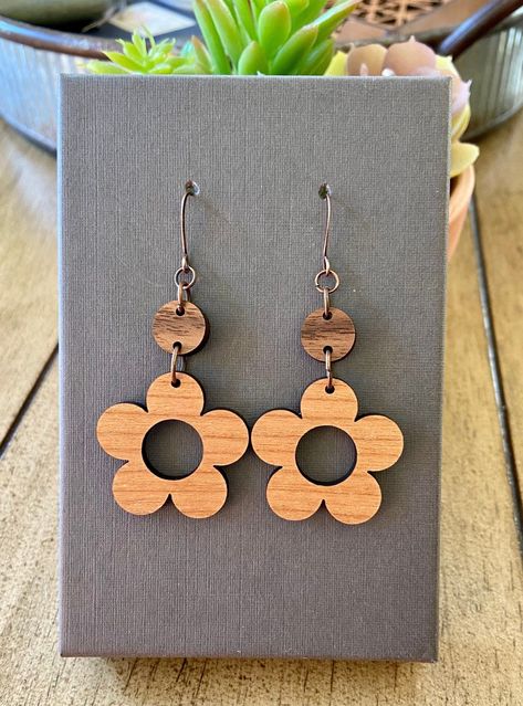 Laser-Cut Spring Flower Wood Earrings | Jillmccp. | JMP Designs Wooden Earring Ideas, Xtool Projects, Laser Cut Bracelet, Laser Cut Wood Jewelry, Laser Engraved Earrings, Wood Jewelery, Laser Cut Wood Earrings, Laser Cut Wood Crafts, Crochet Earrings Pattern