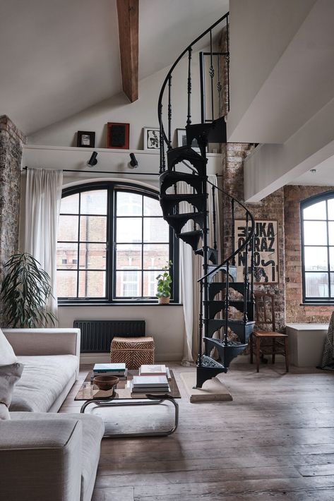 Converted Warehouse Apartment, Warehouse Apartment, Business Interior, Warehouse Living, Warehouse Loft, Wrought Iron Staircase, Mezzanine Floor, Iron Staircase, Small Loft