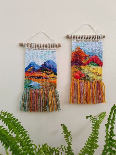 Small Woven Wall Hanging 22x12 cm. ❤️
Larger and individual sizes are possible. For detailed information, write to me.

Handmade wall hanging panel wall decor
The tapestry is made on a hand loom.
The work is made by weaving using different weaving techniques and textures to create this unique tapestry.

❤️For more lovely art work and kits please check: https://www.etsy.com/shop/HomeArtWeaving
Instagram : oksana_serotyuk Panel Wall Decor, Weaving Tapestry, Small Wall Decor, Mountain Wall Decor, Weaving Loom Projects, Weaving Wall Hanging, Handmade Tapestries, Crochet Wall Hangings, Handmade Wall Decor