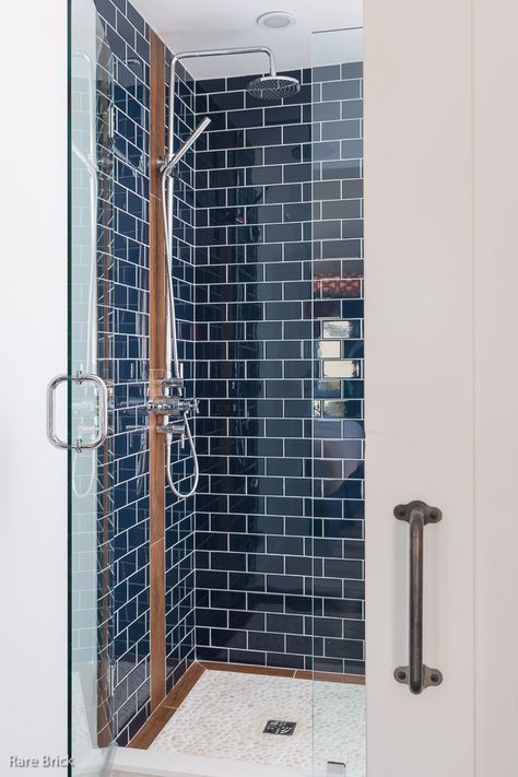 Navy Subway Tile, Beach House Rooms, Wood Tile Shower, Beach House Room, Boutique Hotel Room, Subway Tile Showers, Dallas House, Pebble Floor, Subway Tiles Bathroom