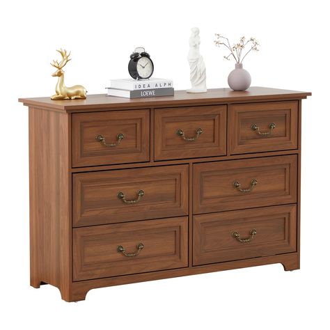 PRICES MAY VARY. 7 Drawers Dresser: This dresser features seven drawers, providing extensive storage options for your bedroom or living room. Its multiple drawers make it a versatile piece of furniture for Tall TV stand or organizing a variety of items. Stable Base and Stepped Top Board: The dresser is built with a stable base to ensure it remains sturdy and well-balanced. The stepped top board and decorative drawer surfaces add a unique design element, showcasing a retro medieval style that enh Nursery Dressers, Dresser Aesthetic, Tall Tv, Rustic Chest Of Drawers, Retro Dresser, Dads Room, Living Room Brown, Drawer Bedroom, Room Brown