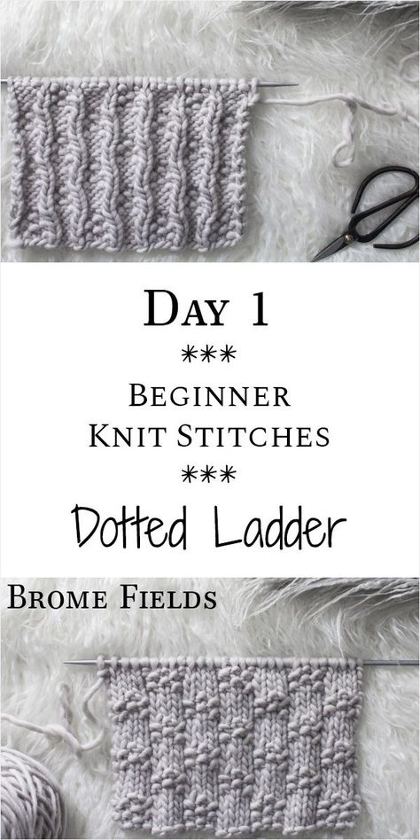 Learn how to knit the Dotted Ladder Knit Stitch in this Video Tutorial. Day 1 of the 21 Days of Beginner Knit Stitches : Brome Fields : #21daysofbeginnerknitstitches #bromefields #knittingvideo #knitstitch #beginnerknitstitch Vertical Knitting Patterns, Dot Stitch Knitting, Knitting Stitches For Scarves, 4mm Knitting Pattern, Chunky Knit Stitches, Textured Knitting Patterns, Beginner Knit Projects, Knitting Inspiration Easy, Knitting Ideas Easy