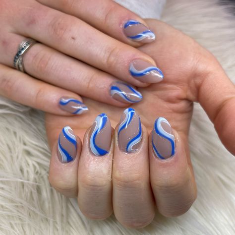 Blue Swirl Almond Nails, Almonds Shape Nails, Blue Nail Swirl Designs, Swirly Nail Designs Almond Shape, Almond Wave Nails, Aesthetic Swirl Nails, Swrill Design Nails Blue, Acrylic Nails Blue Swirls, Blue Nails Squiggle